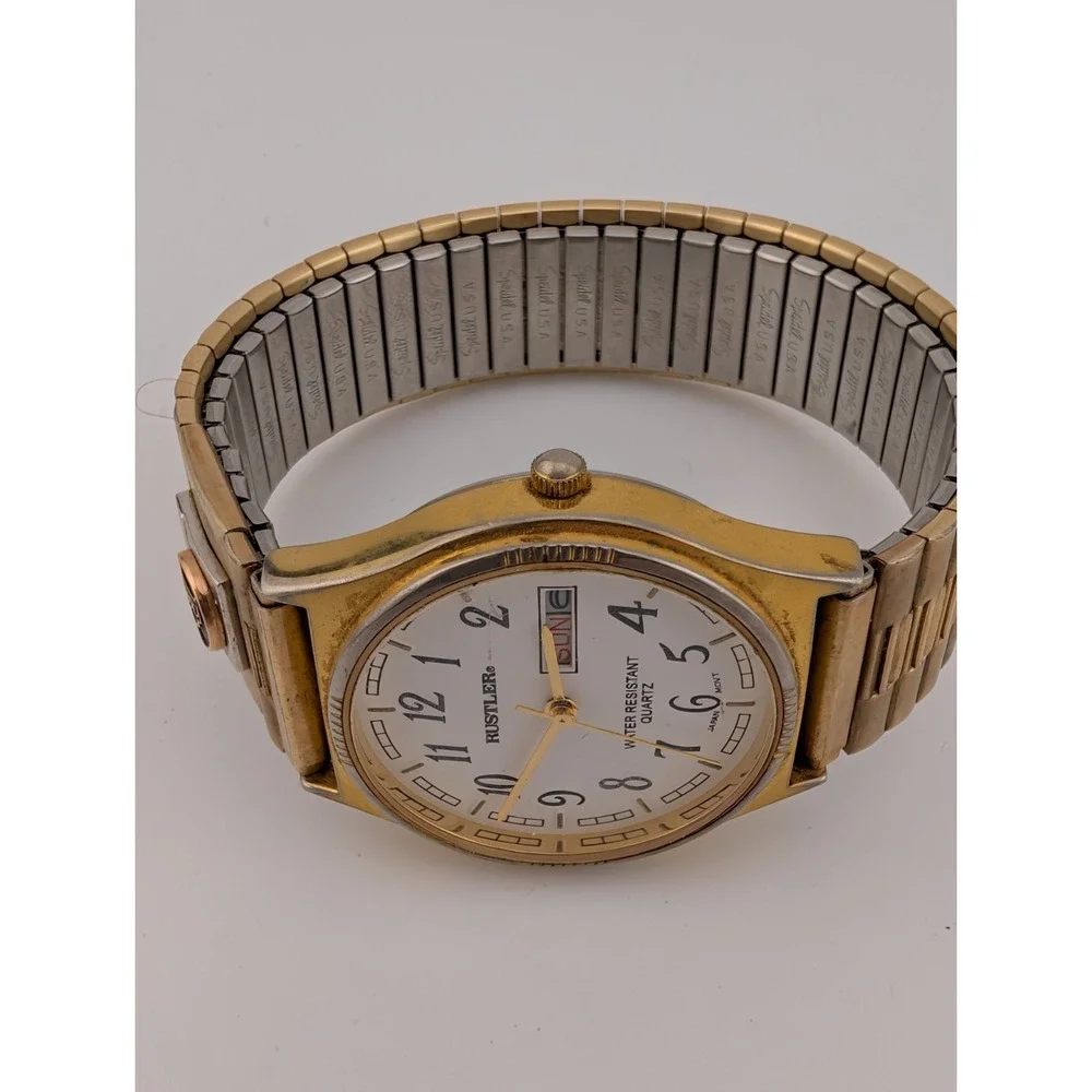 Vintage Rustler Watch Men 34mm Case Gold Stretch Band BPP‎ Monogram- New Battery